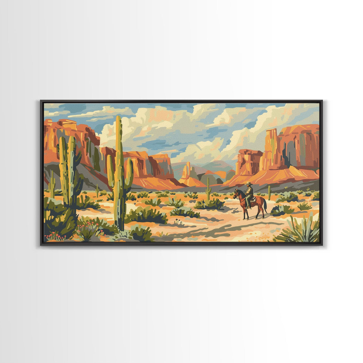 Lone Cowboy in Desert Landscape, Framed Canvas Print, Perfect for Rustic Living Room Art, Western Wall Art, Home and Bedroom Decor