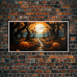 Halloween Wall Decor, Spooky Art Print, Pumpkin Decor, Canvas Print, Wall Hanging, Panoramic Art, Farmhouse Wall Art, Ranch House Decor