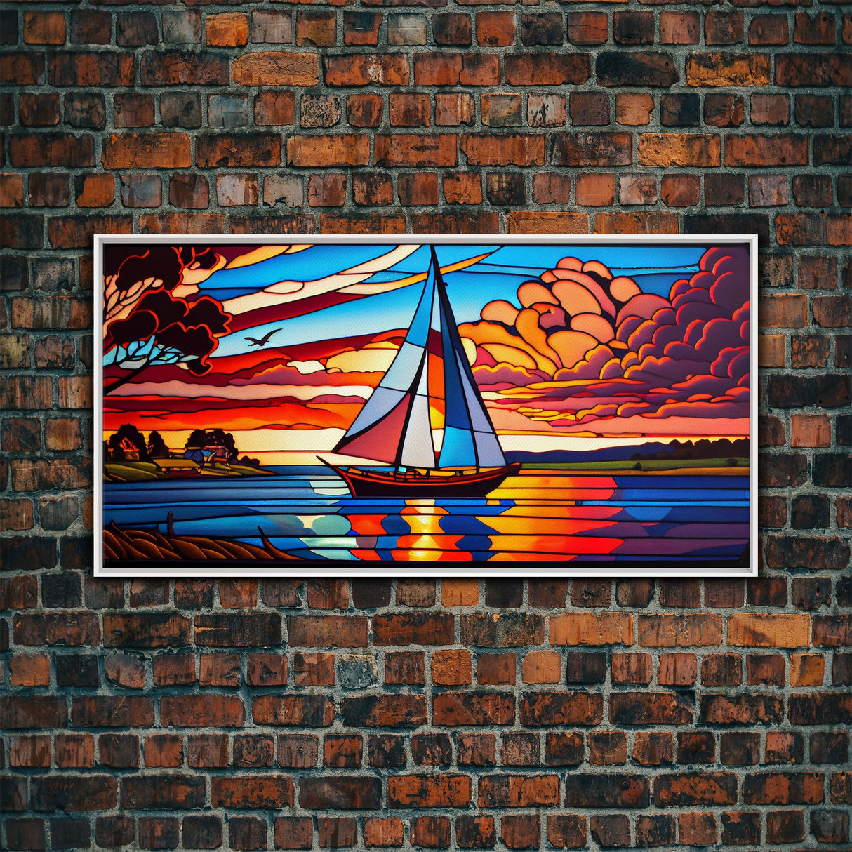 Stained Glass Art Deco Sail Boat Wall Art | Framed Canvas Print | Nautical Art | Seascape Art | Beach House Decor