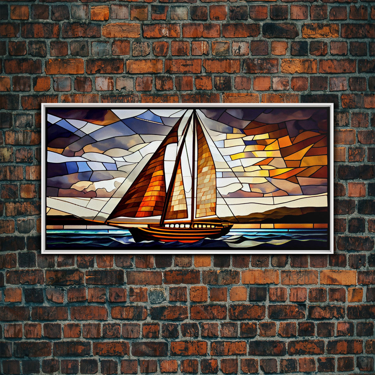 Art Deco Stained Glass Sail Boat Wall Art | Framed Canvas Print | Nautical Art | Seascape Art | Beach House Decor