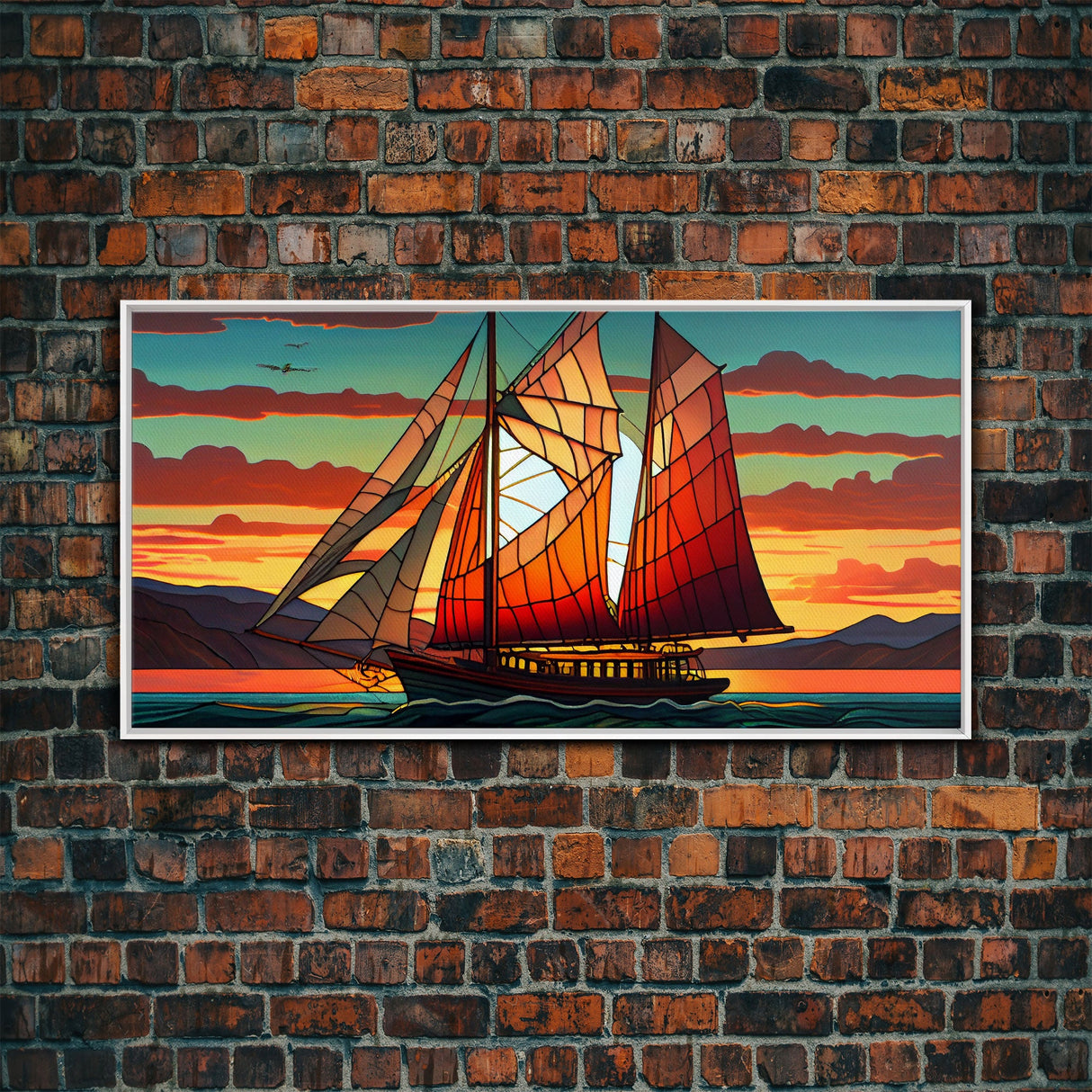 Art Deco Stained Glass Sail Boat Wall Art | Framed Canvas Print | Nautical Art | Seascape Art | Beach House Decor