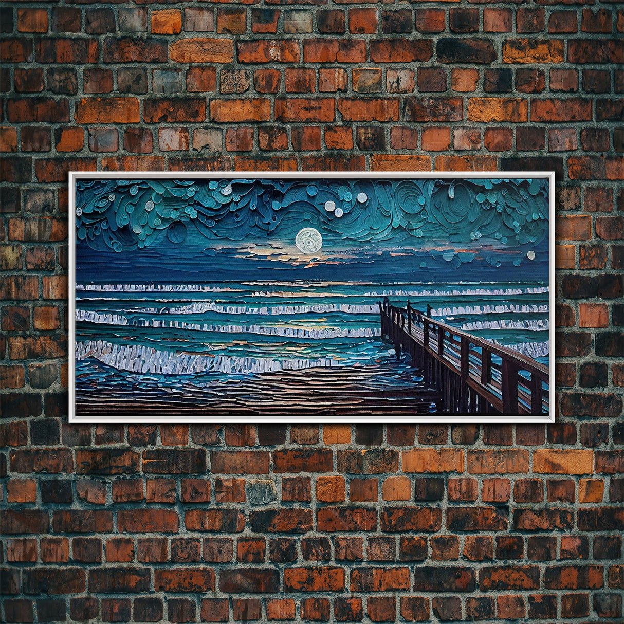 Full Moon Over Beach & Ocean Waves - Framed Canvas Print - Lighthouse and Beach Art - Lakehouse Art - Beach House - Living Room Decor