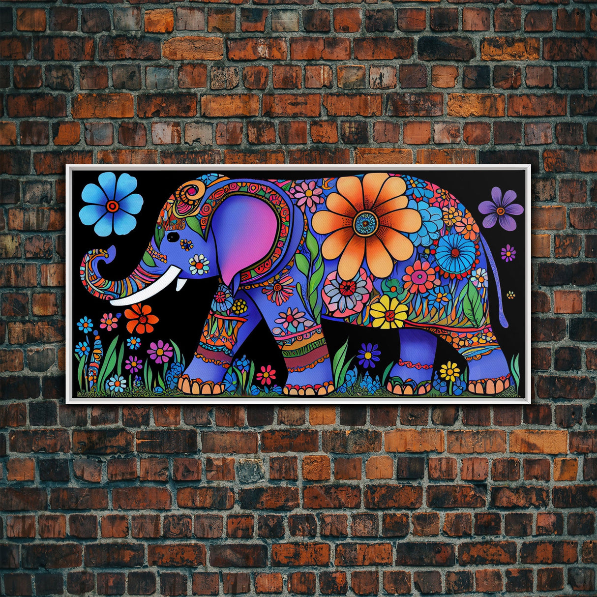 Elephant Art, Wall Art, Framed Canvas Print, Canvas Art, Indian Style Abstract Elephant With Flowers