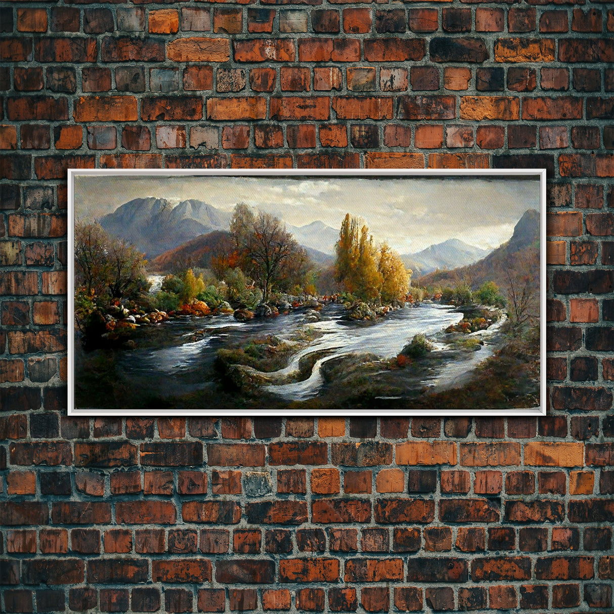 Scenic nature landscape canvas print, flowing river water color, fall scenic art, panoramic nature landscape