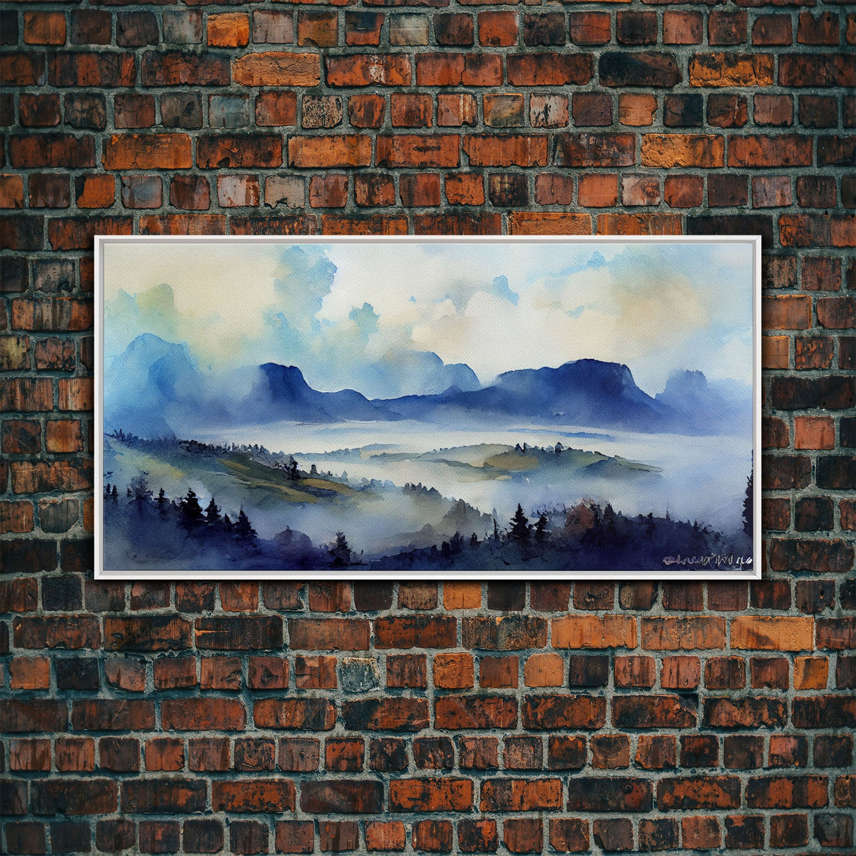 Panoramic Blue Mountain Valley Watercolour Art Canvas Print, Misty Rolling Hills Watercolor Landscape Painting Extra Large Panorama Print