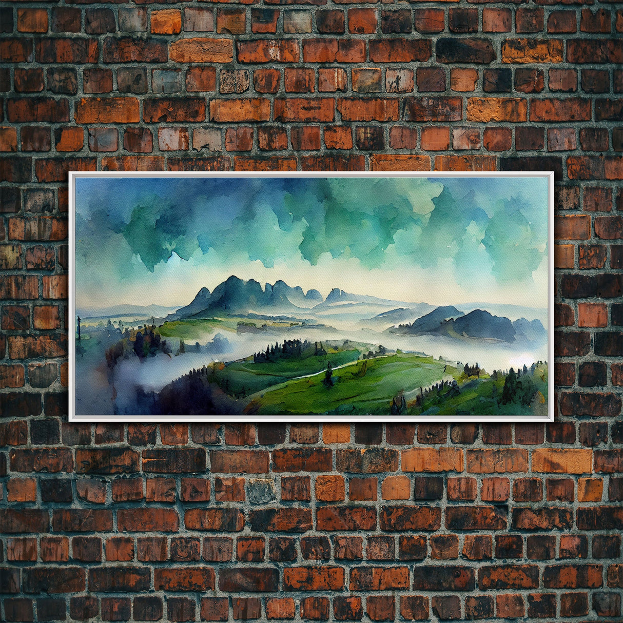 Panoramic Blue Green Mountain Valley Watercolor Canvas Art Print, Misty Rolling Hills Landscape, Extra Large Panorama Print