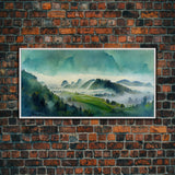 Panoramic Green Blue Foggy Mountain Valley Watercolor Canvas Art Print, Misty Rolling Hills Landscape, Extra Large Panorama Print