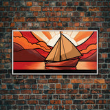 Abstract Seascape Wall Art, Stained Glass Wall Decor, Sailboat Wall Art, Panoramic Wall Decor, Canvas Print, Wall Art, Framed Canvas Art