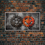 Gears Wall Art, Mechanical Design Wall Decor, Steampunk Art, Red Black, Panoramic Wall Decor, Canvas Print, Wall Art, Framed Canvas Art