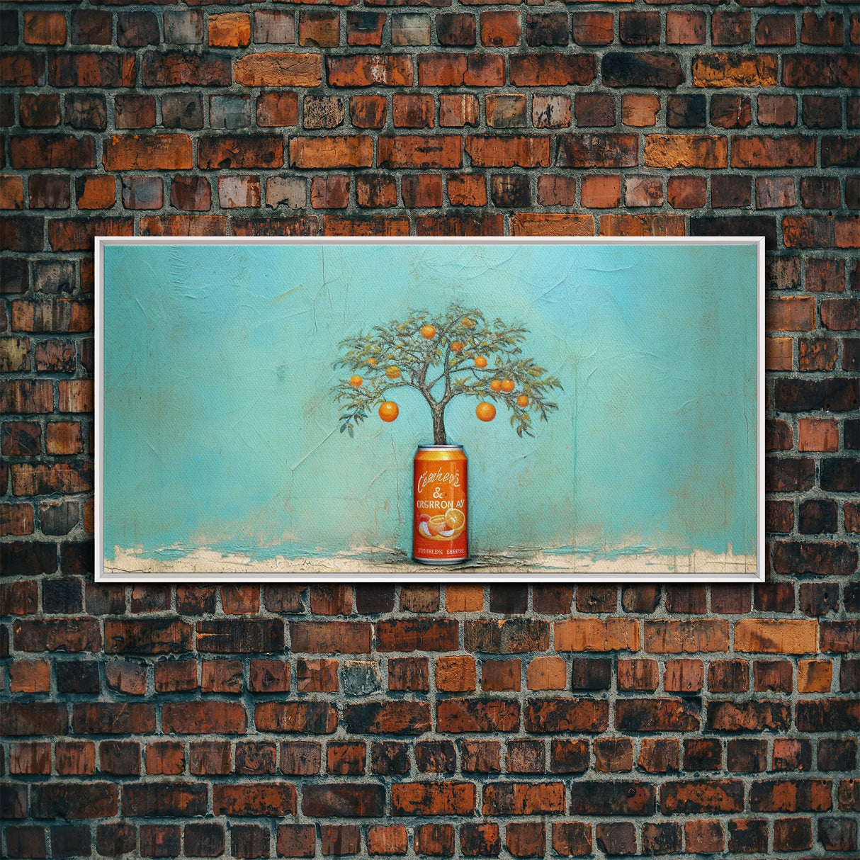 Orange Tree In Soda Can Wall Decor, Orange Wall Art, Plant Art, Teal Art, Panoramic Wall Decor, Canvas Print, Wall Art, Framed Canvas Art