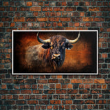 Bull Wall Decor, Animal Wall Art, Western Wall Art, Nature Wall Decor, Panoramic Wall Decor, Canvas Print, Wall Art, Framed Canvas Art