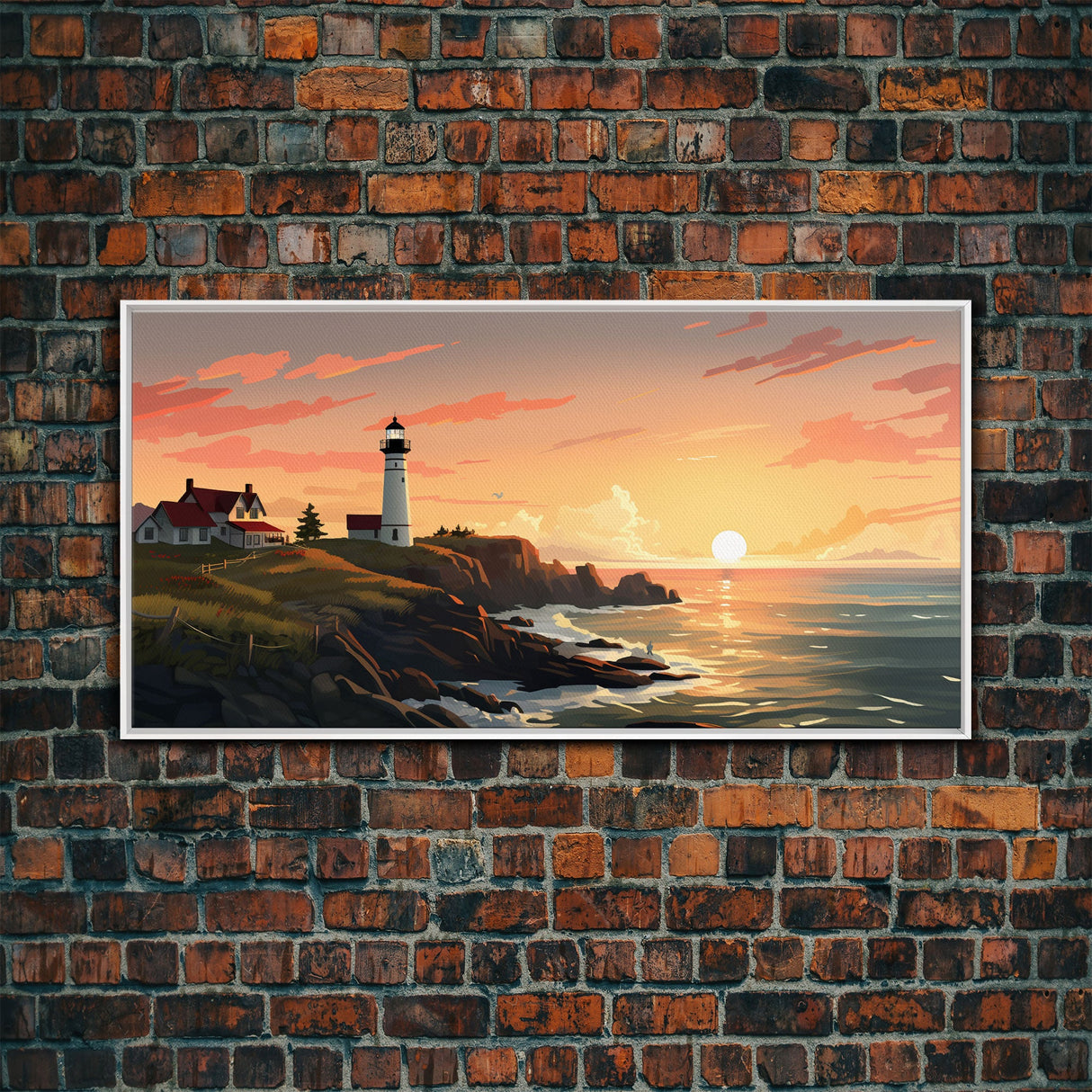 Lighthouse Painting, Nautical Wall Art, Sunset Wall Print, Panoramic Art, Wall Art, Canvas Art, Landscape Art, Above Couch Wall Art, Prints