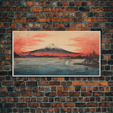 Volcano, Japanese Art, Asian Landscape, Panoramic Art, Wall Art, Canvas Art, Landscape Art, Gift For Him, Modern Home Decor, Home Decor Art