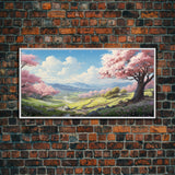 Cherry Blossom Art, Mountains Wall Art, Spring Art, Panoramic Art, Wall Art, Canvas Art, Landscape Art, Teacher Gift, Family Room Art