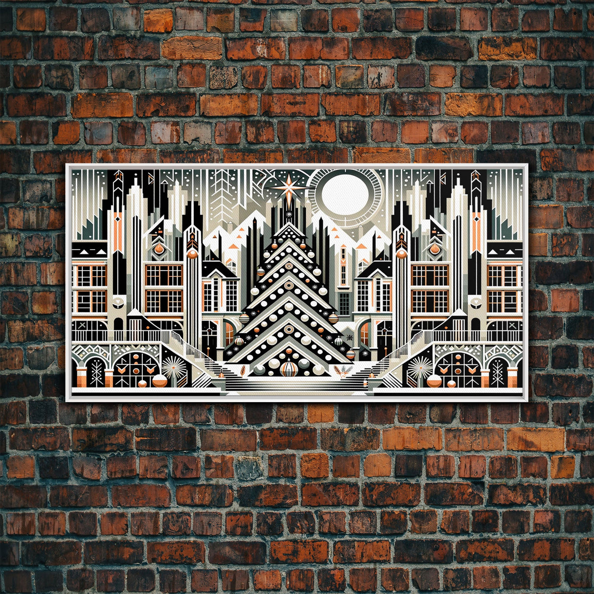 Art Deco Pattern Christmas Village - Framed Canvas Print - Retro Xmas Art - Christmas Decor - Christmas Wall Art - Christmas Art - Art Deco