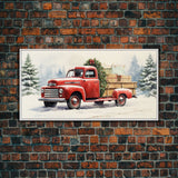 Christmas Tree Delivery - Retro Farmhouse Christmas Decor - Old Red Truck Delivering Christmas Trees - Framed Canvas Print - Holiday Decor