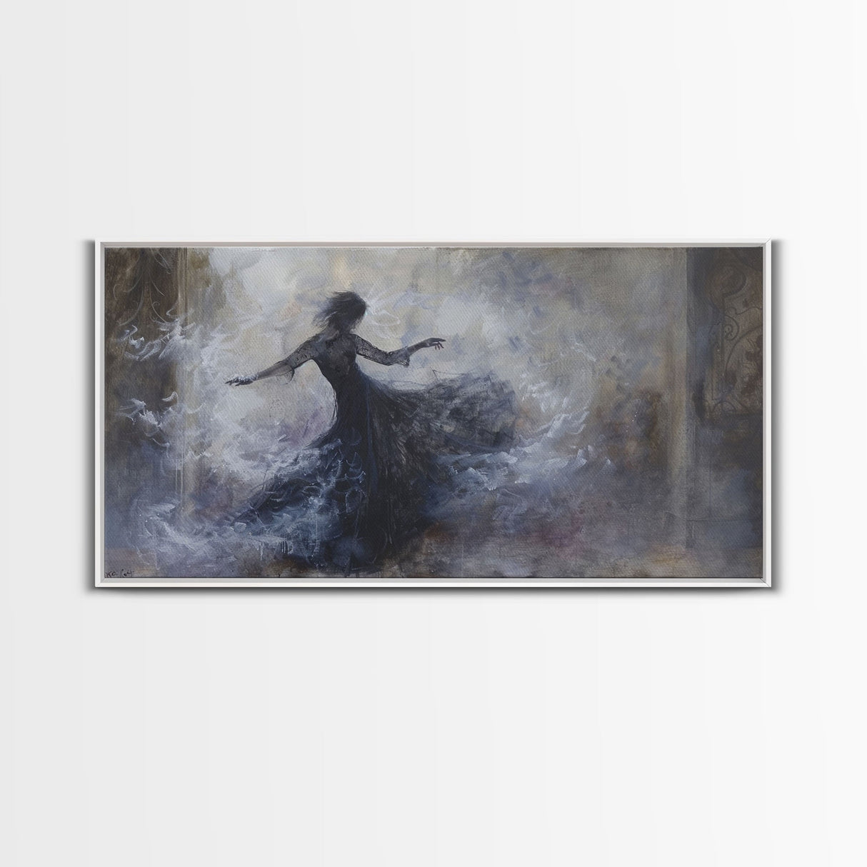 Ballerina Dancing In The Fog, Framed Canvas Print, Halloween Decor, Macabre Dark Academia Wall Art