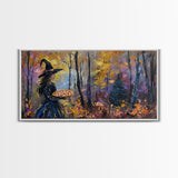 Witch Having A Pizza Party For One In The Haunted Forest, Framed Canvas Print, Funny Halloween Art