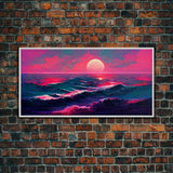 Synth wave sunset wall art, ocean painting canvas print, outrun style, sun set art, wall decor, ocean sunset, beach vaporwave, guest room