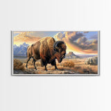 Lone Bison Roaming the Plains, Framed Canvas Print, Great for Living Room Art, Rustic Home Decor, Western Style Bedroom Wall Art