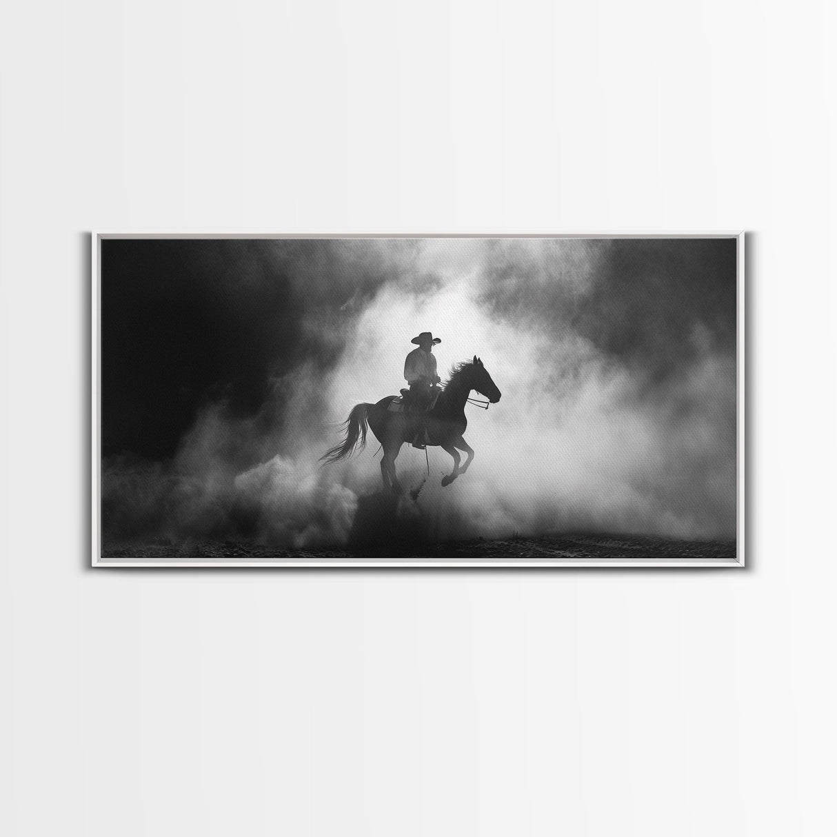 Silhouette of Cowboy on Horse in Dusty Arena, Framed Canvas Print for Western Style Home, Perfect Living Room Decor, Art for Bedroom