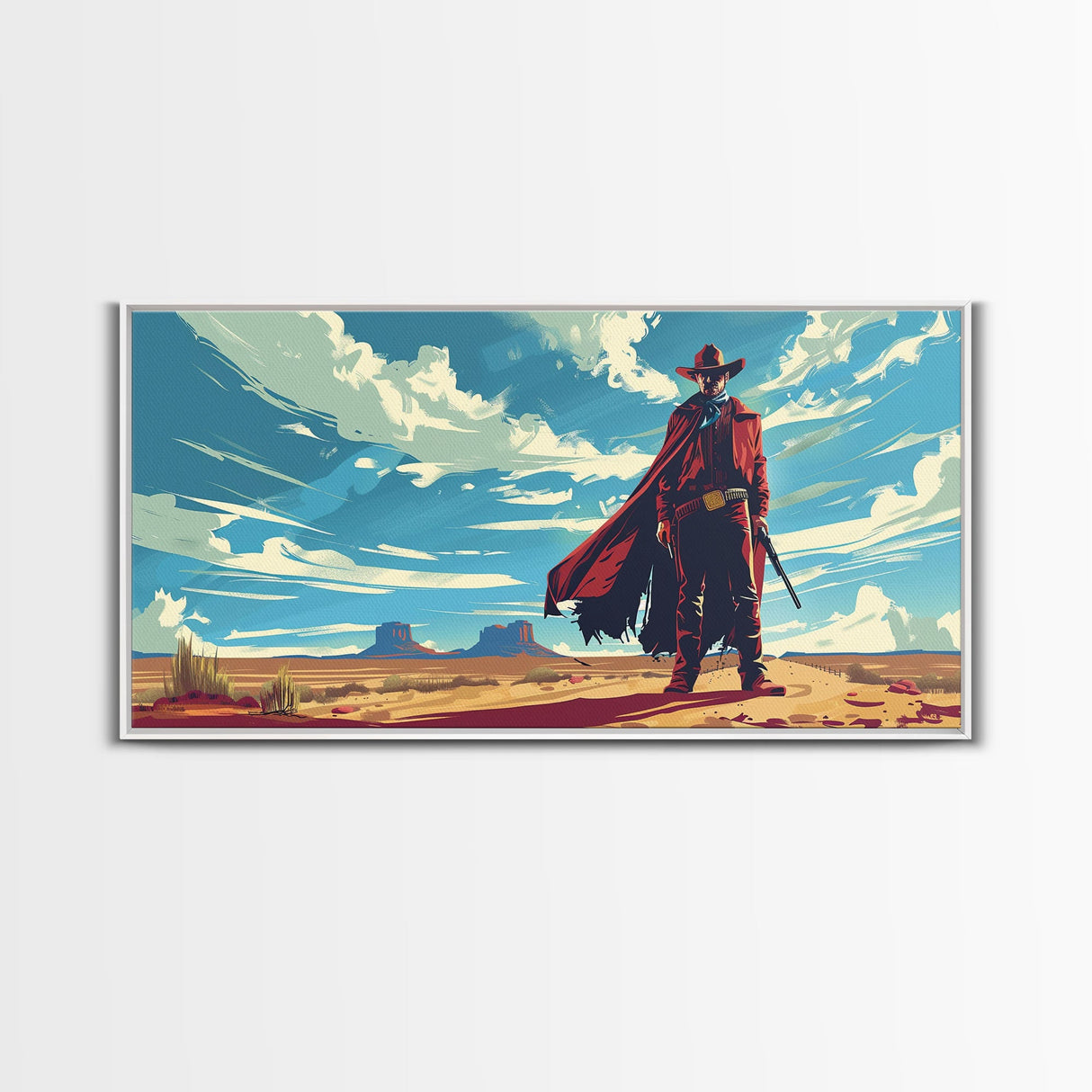 Lone Cowboy in Expansive Desert Landscape, Stunning Wall Art, Framed Canvas Print, Boho Living Room Decor, Western Home Decoration