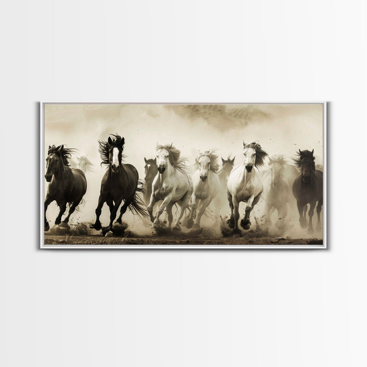 Majestic Running Horses in Dusty Field, Framed Canvas Print, Western Wall Art, Living Room Decor, Nature Scene, Horse Art