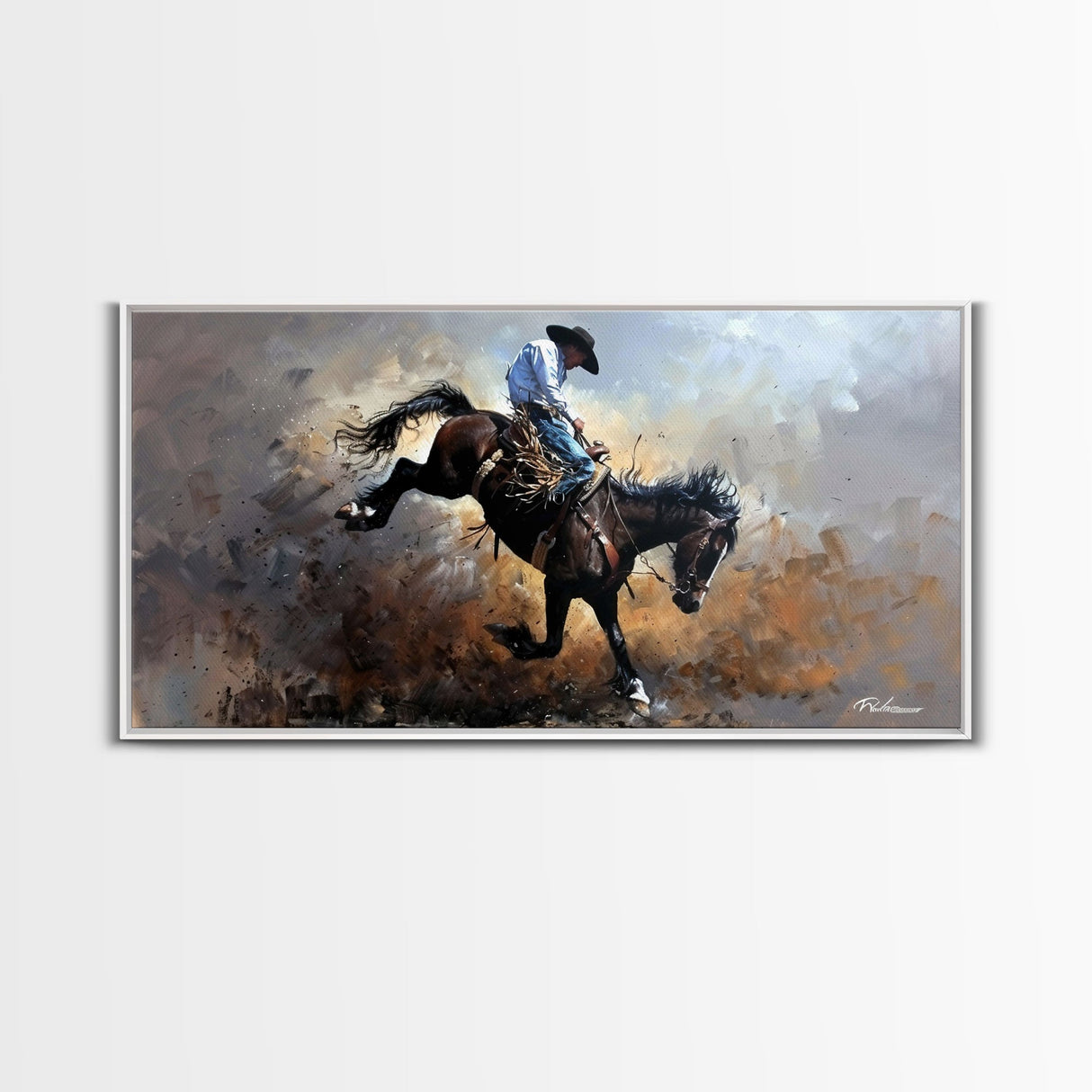 Wild Bronco Rider in Dusty Arena Scene, Stunning Framed Canvas Print, Ideal for Living Room Art, Western Bedroom Decor, Home Wall Art