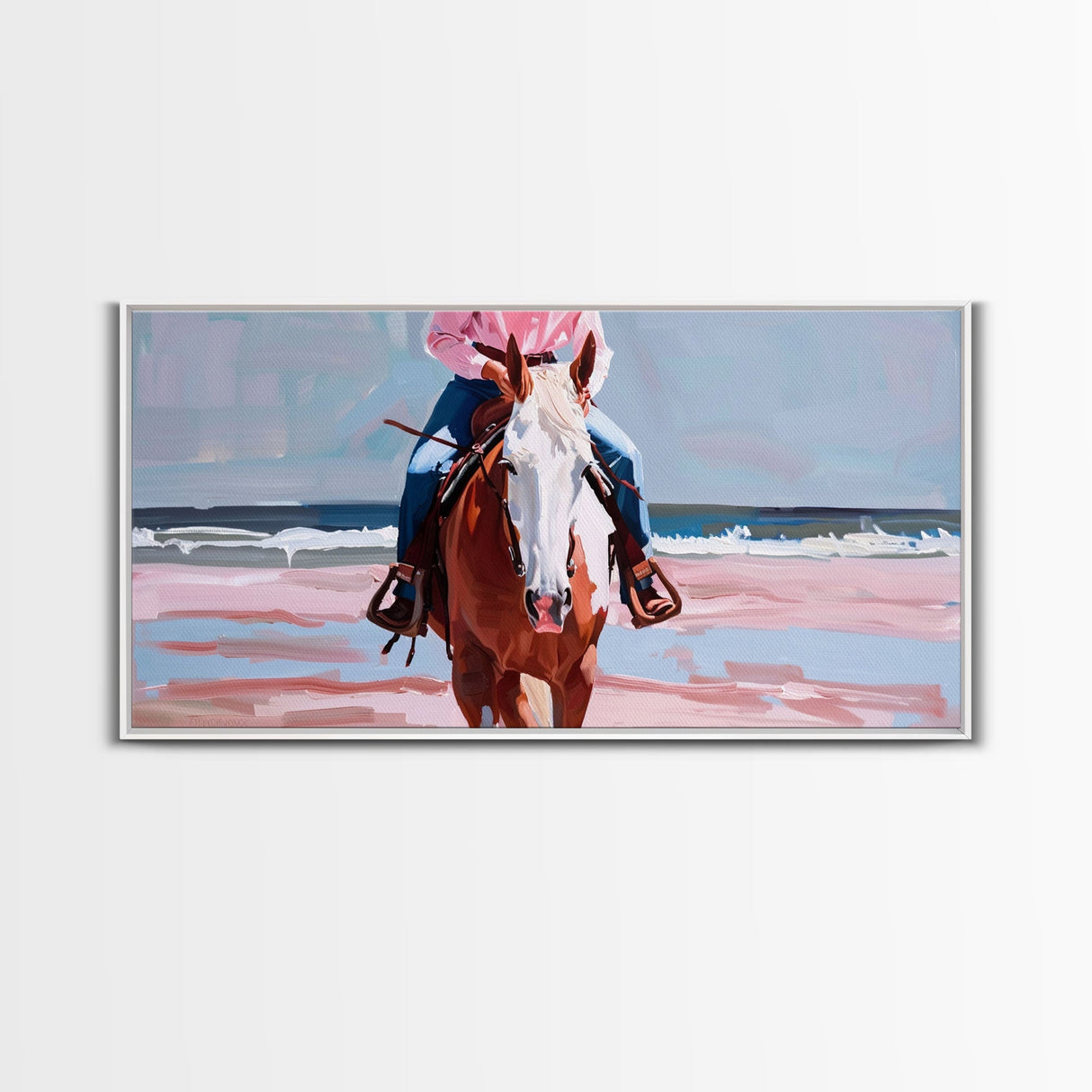 Serene Beach Horse Riding Scene, Elegant Framed Canvas Print, Ideal for Coastal Living Room Art, Beach Bedroom Decor, Horse Wall Art