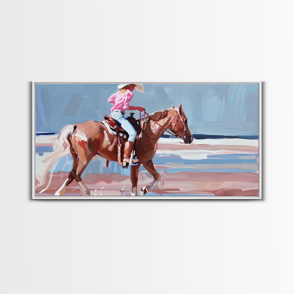 Woman Riding Horse on Beach, Peaceful Framed Canvas Print, Great for Coastal Living Room Art, Beach Bedroom Decor, Equestrian Wall Art