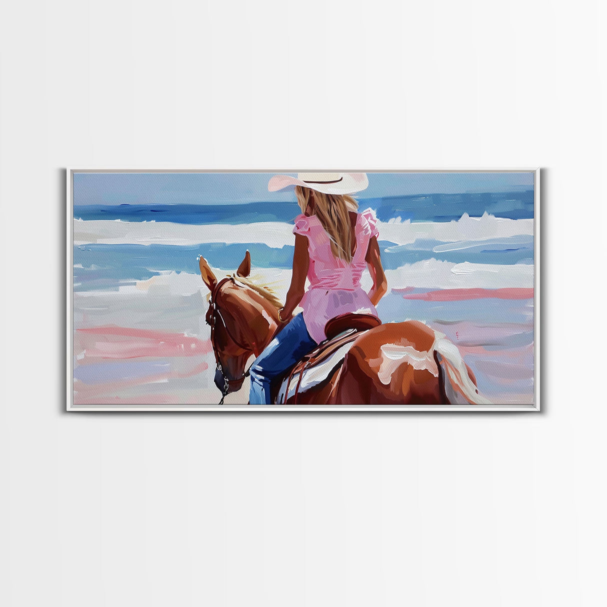 Cowgirl Riding Horse by the Ocean, Tranquil Framed Canvas Print, Perfect for Coastal Living Room Art, Beach Bedroom Decor, Horse Wall Art