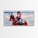 Cowgirl on Horse at the Beach, Stunning Framed Canvas Print, Ideal for Coastal Living Room Art, Beach Bedroom Decor, Equestrian Wall Art