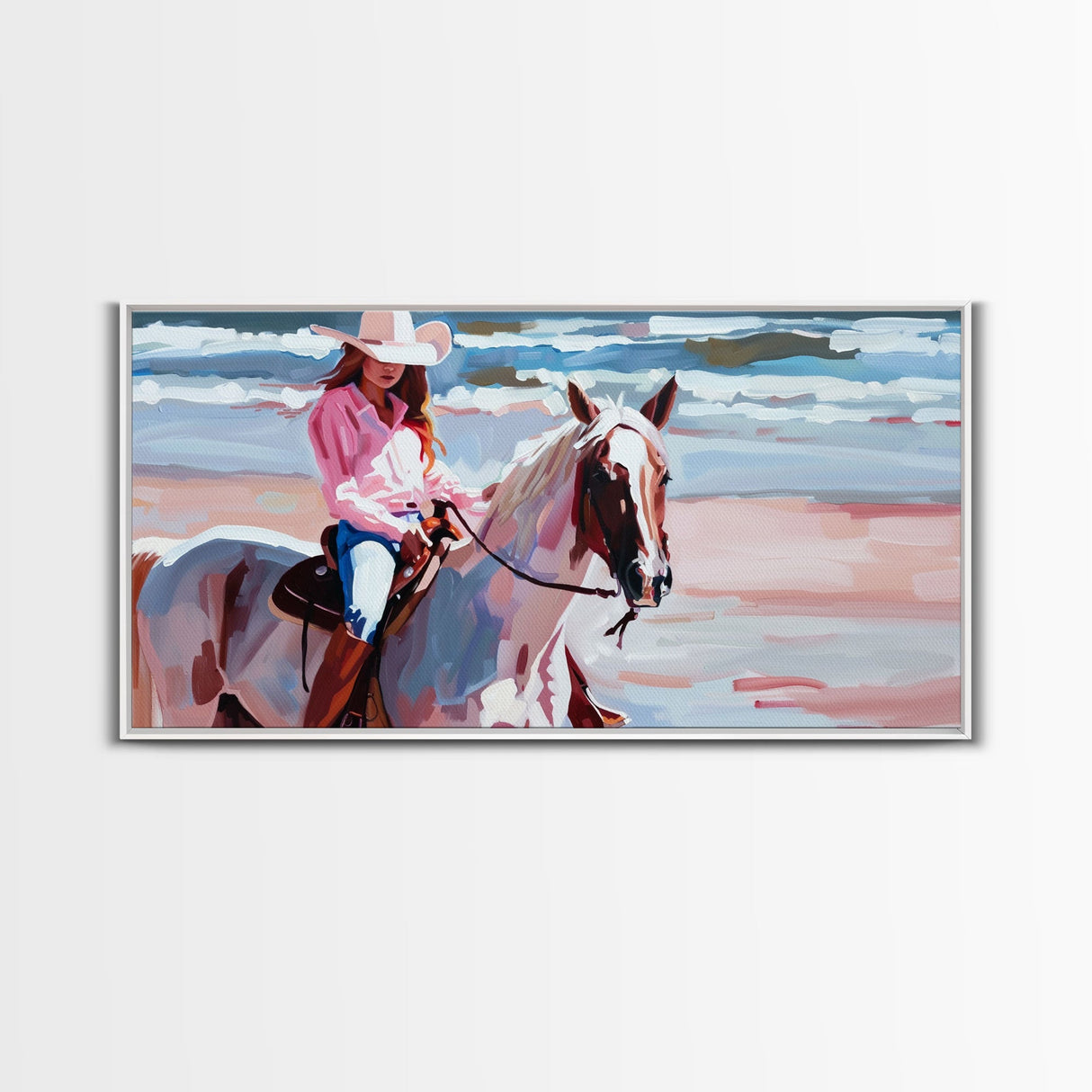 Cowgirl in Pink Shirt Riding Horse by the Sea, Beautiful Framed Canvas Print, Coastal Living Room Art, Beach Bedroom Decor, Horse Art