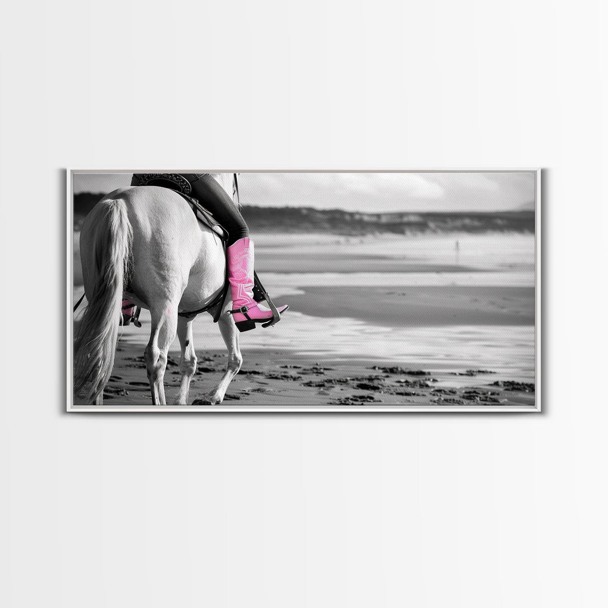 Beach Horseback Rider with Pink Boots, Delightful Framed Canvas Print, Ideal for Living Room or Bedroom Wall Art