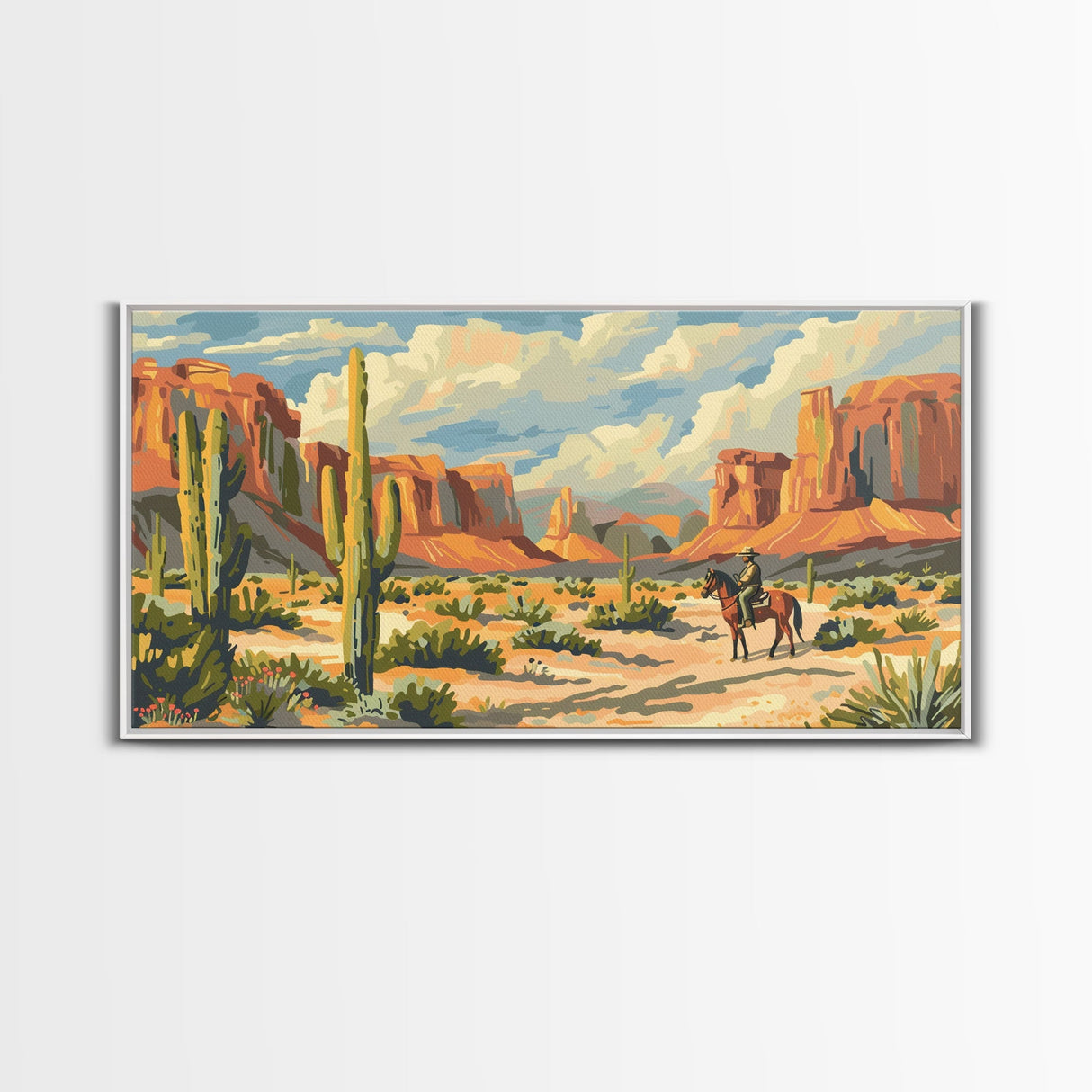 Lone Cowboy in Desert Landscape, Framed Canvas Print, Perfect for Rustic Living Room Art, Western Wall Art, Home and Bedroom Decor