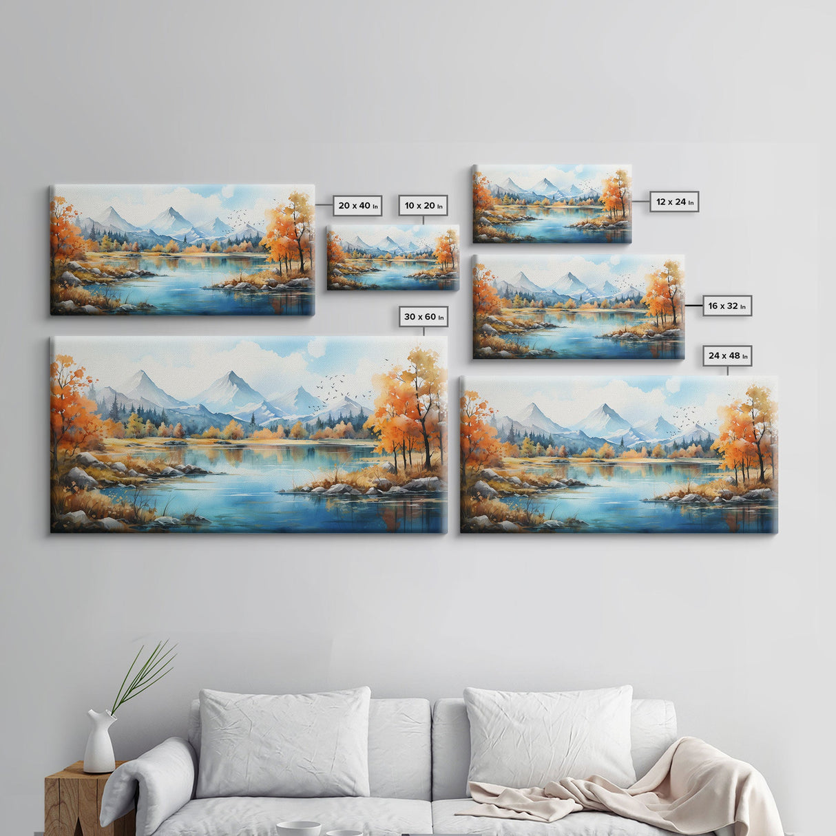 Panoramic Gold Brown Mountain Valley Watercolor Art Print On Canvas, Misty Rolling Hills Landscape Painting, Extra Large  Wall Art