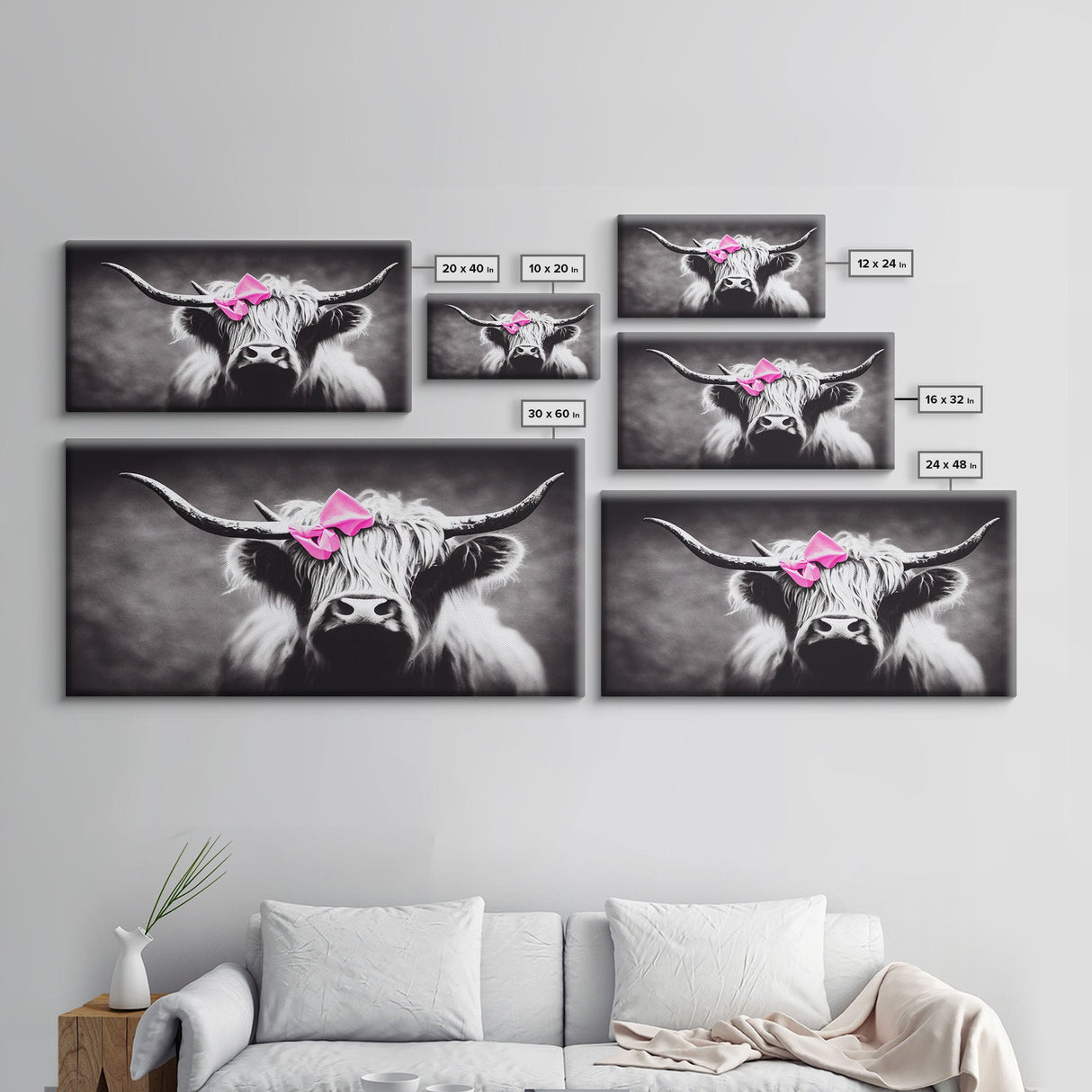 Cute Highland cattle canvas, wall art, Farmhouse decor, Cow Black White print Rustic wall decor Animals painting Scottish cow wall art