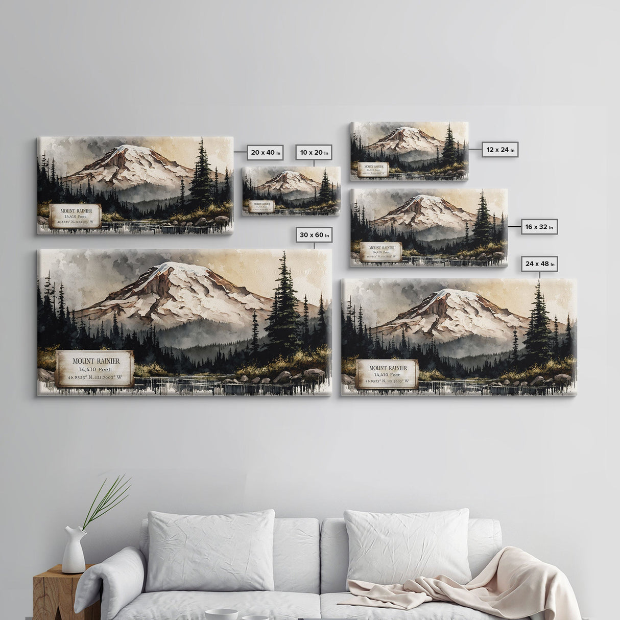 Mount Rainier, Travel Poster Wall Art, Framed Canvas Print, American Mountains, Mountain Landscape Painting