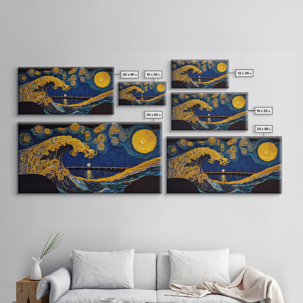 The Wave, Abstract Art, Framed Canvas Print, Wood Framed Wall Art, Gift, Van Gogh Style Art, Full Moon