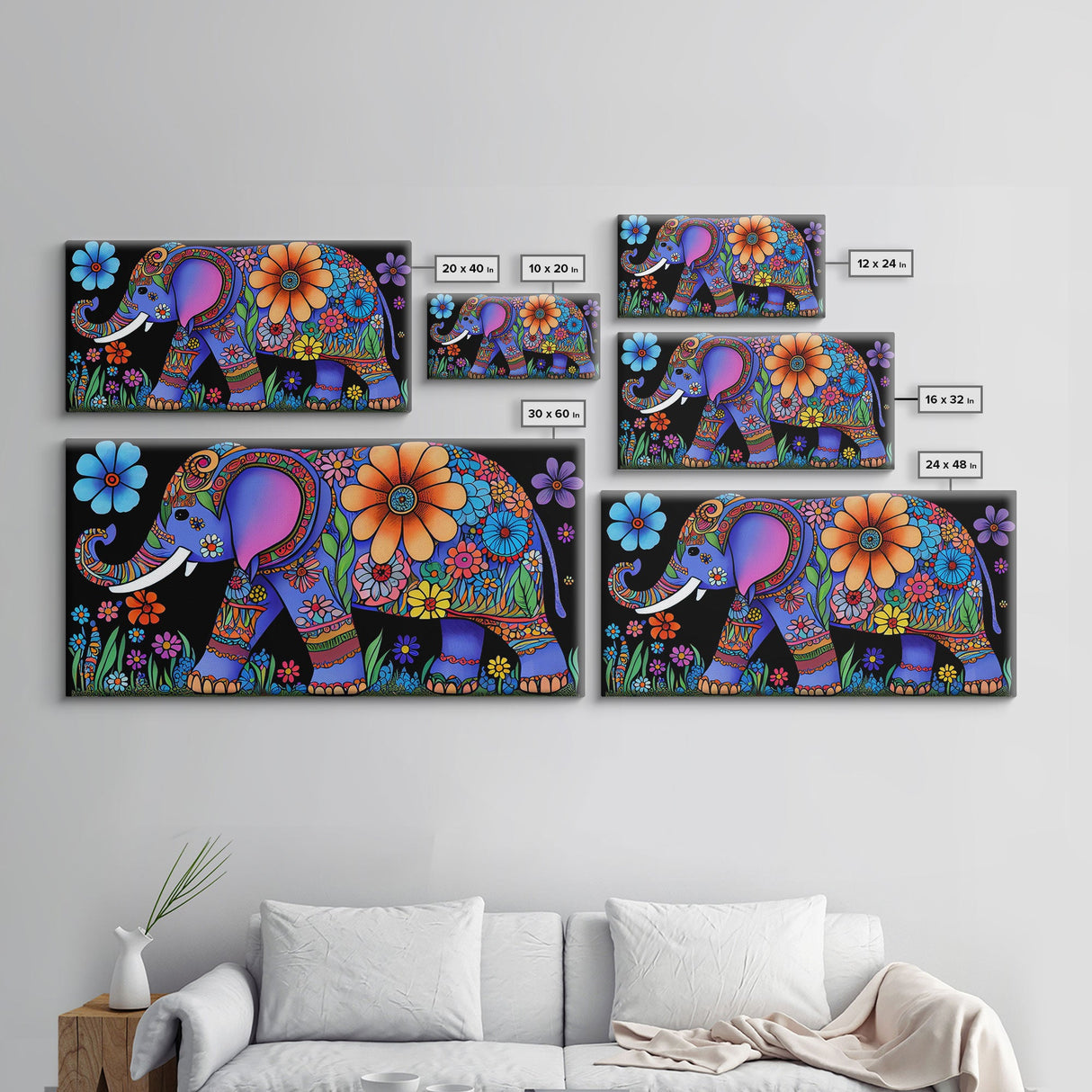 Elephant Art, Wall Art, Framed Canvas Print, Canvas Art, Indian Style Abstract Elephant With Flowers