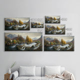 Scenic nature landscape canvas print, flowing river water color, fall scenic art, panoramic nature landscape