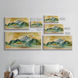 Serene Green Watercolor Landscape, Canvas Print, abstract wall art of a lake and mountains