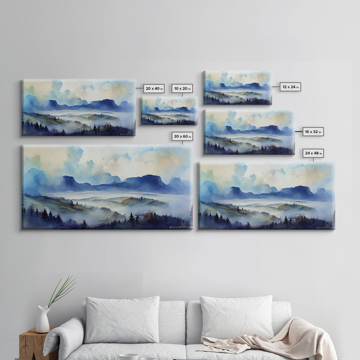 Panoramic Blue Mountain Valley Watercolour Art Canvas Print, Misty Rolling Hills Watercolor Landscape Painting Extra Large Panorama Print