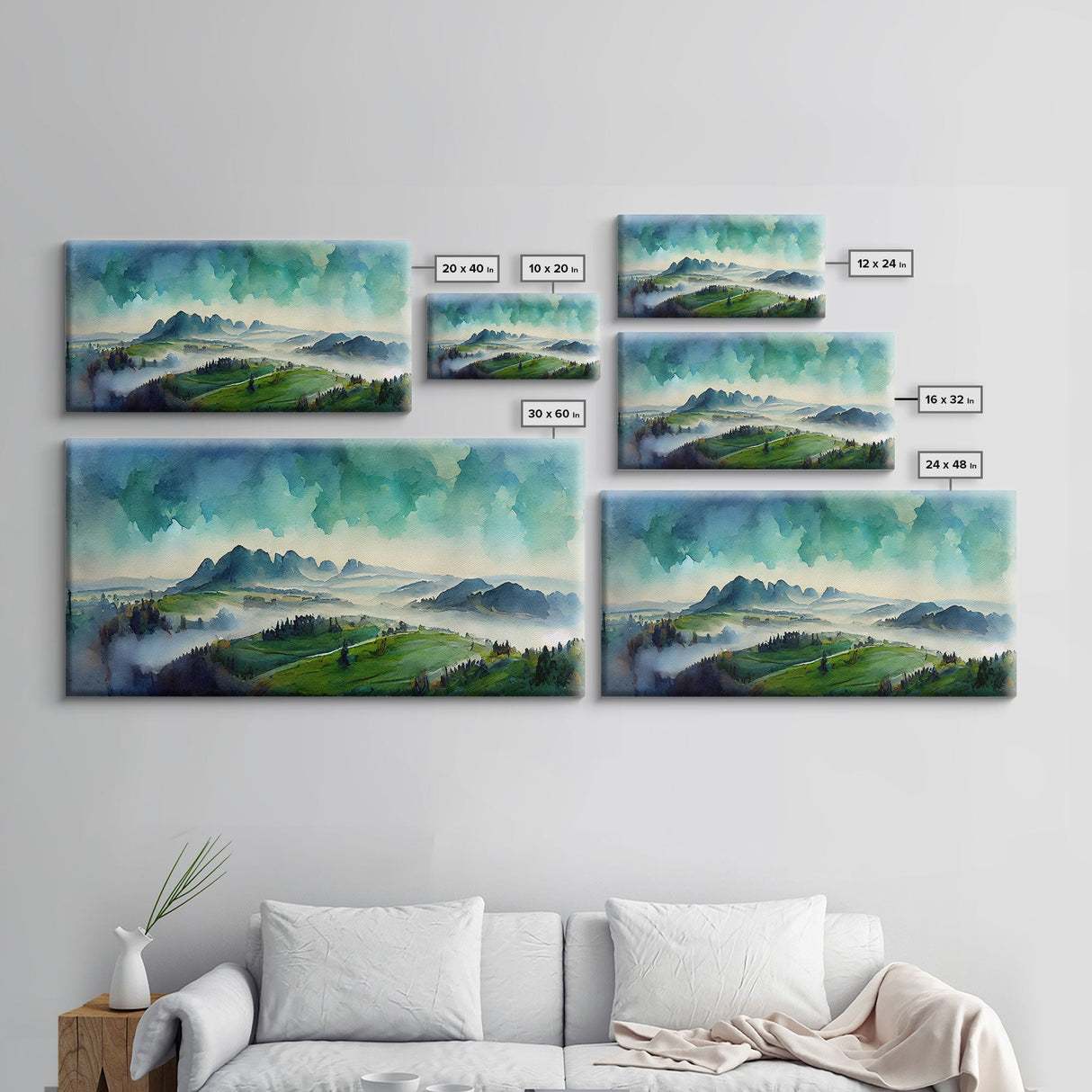 Panoramic Blue Green Mountain Valley Watercolor Canvas Art Print, Misty Rolling Hills Landscape, Extra Large Panorama Print