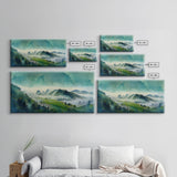 Panoramic Green Blue Foggy Mountain Valley Watercolor Canvas Art Print, Misty Rolling Hills Landscape, Extra Large Panorama Print