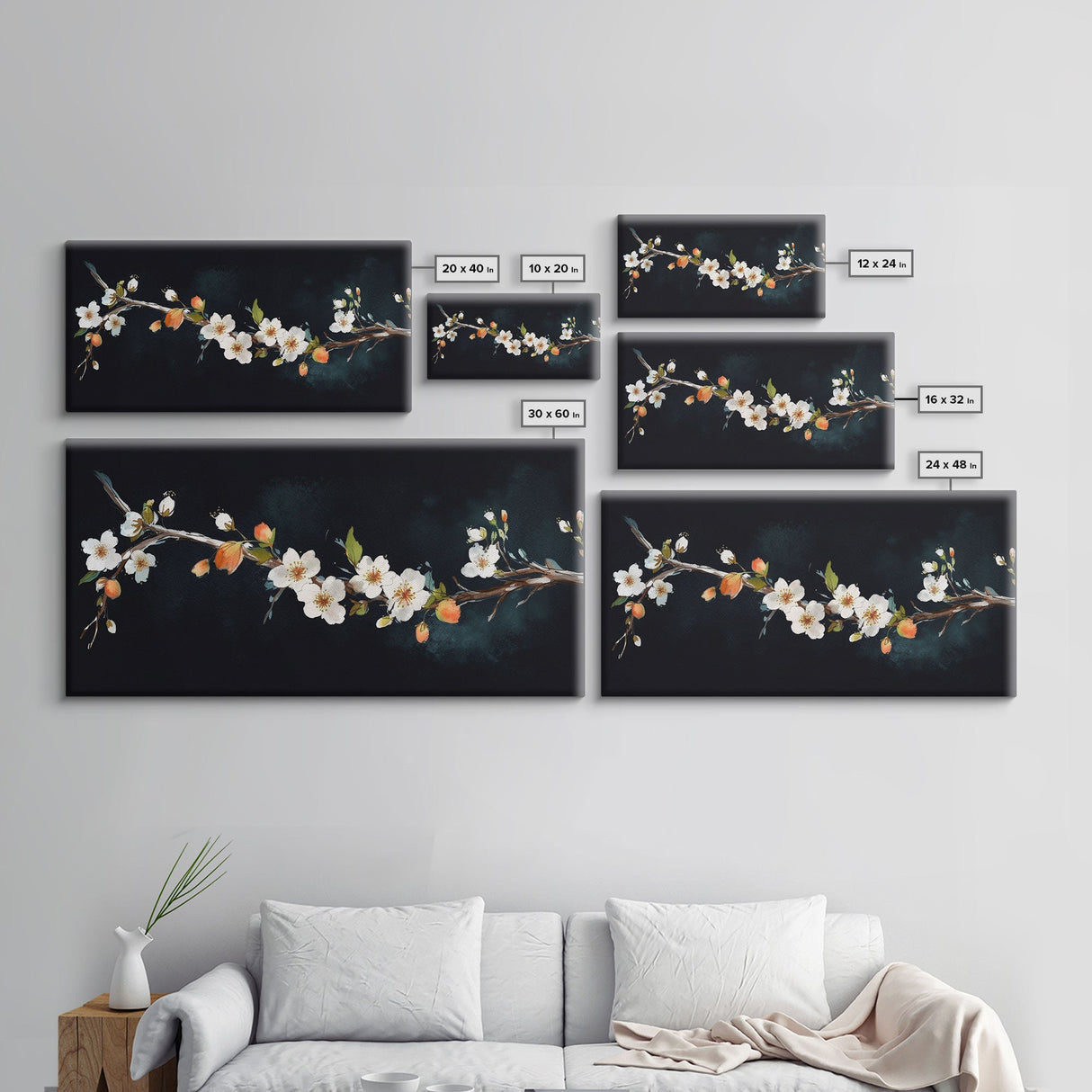 Cherry Blossoms Wall Decor, Floral Wall Art, White Flowers Wall Art, Panoramic Wall Decor, Canvas Print, Wall Art, Framed Canvas Art