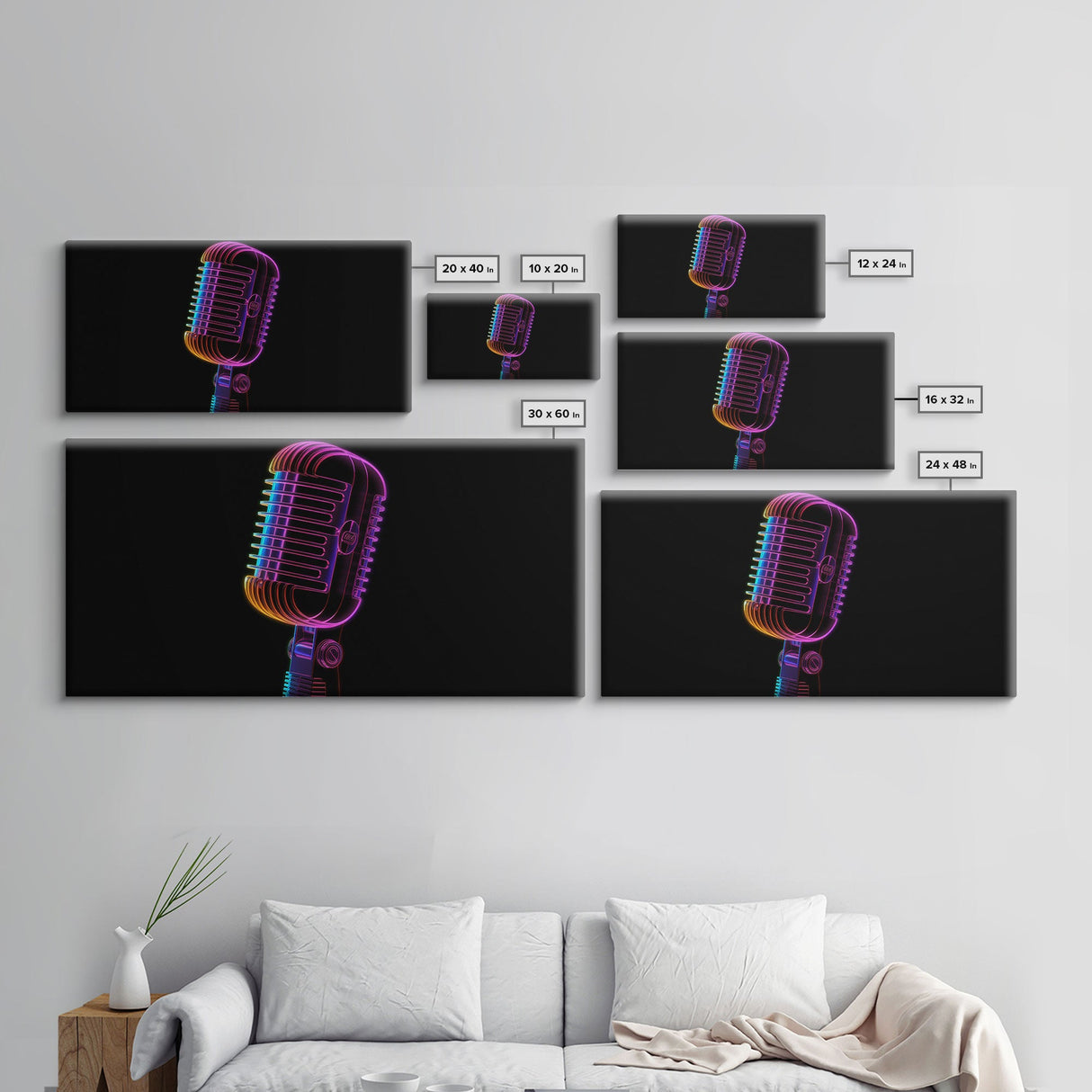 Neon Lights Retro Microphone Wall Decor, Mic Wall Art, Minimalist Art, Panoramic Wall Decor, Canvas Print, Wall Art, Framed Canvas Art