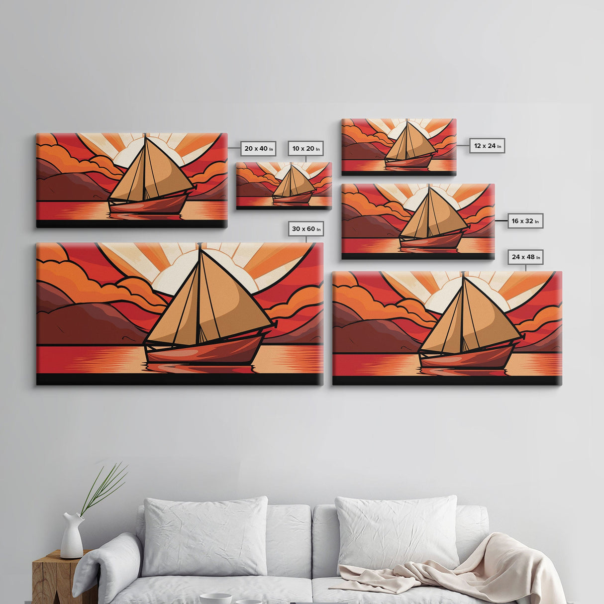 Abstract Seascape Wall Art, Stained Glass Wall Decor, Sailboat Wall Art, Panoramic Wall Decor, Canvas Print, Wall Art, Framed Canvas Art