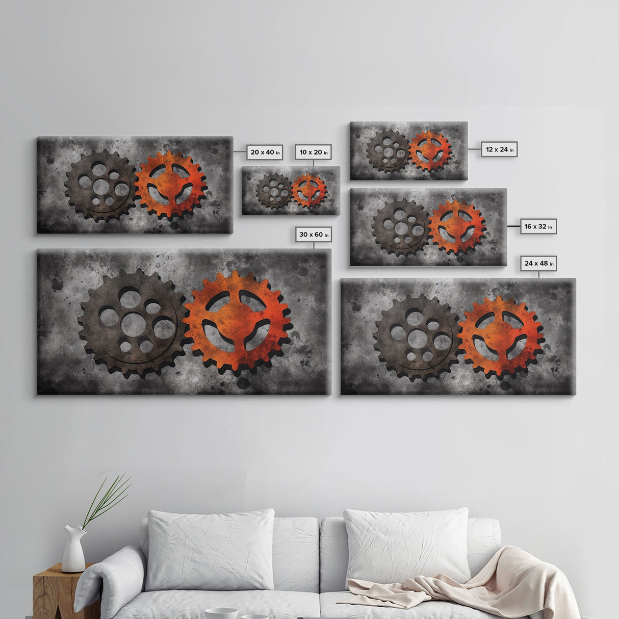 Gears Wall Art, Mechanical Design Wall Decor, Steampunk Art, Red Black, Panoramic Wall Decor, Canvas Print, Wall Art, Framed Canvas Art