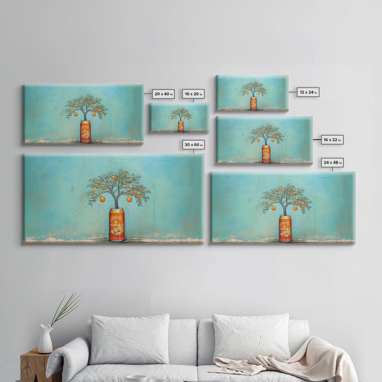 Orange Tree In Soda Can Wall Decor, Orange Wall Art, Plant Art, Teal Art, Panoramic Wall Decor, Canvas Print, Wall Art, Framed Canvas Art